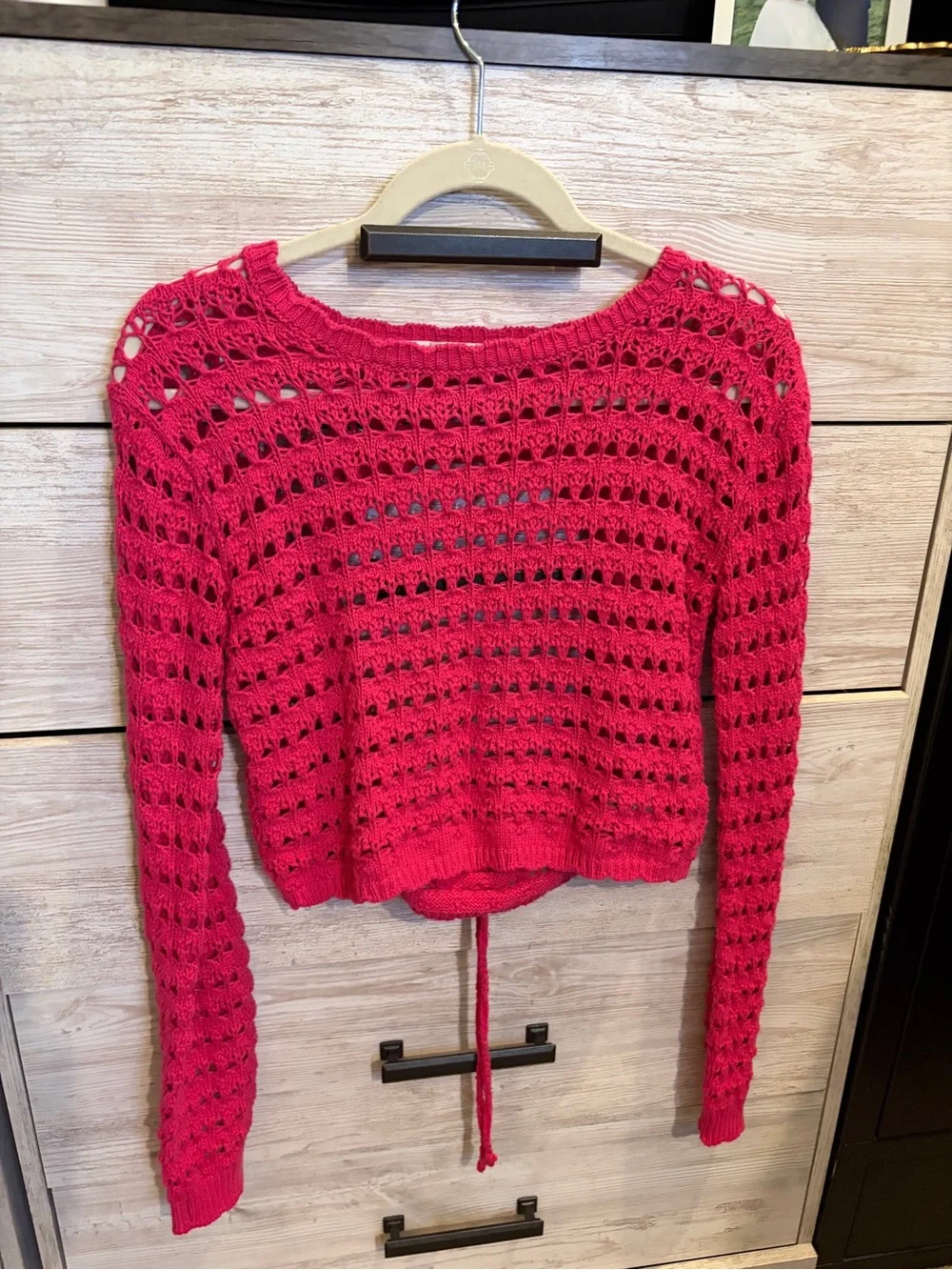 Free People Beach Hot Pink Open Knit Crochet Tie Back Sweater Boho Coastal Top